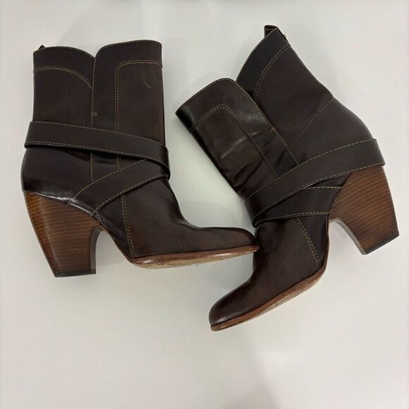 Frye Brown Leather Andrea Mid Calf Heeled Booties - Picture 9 of 10